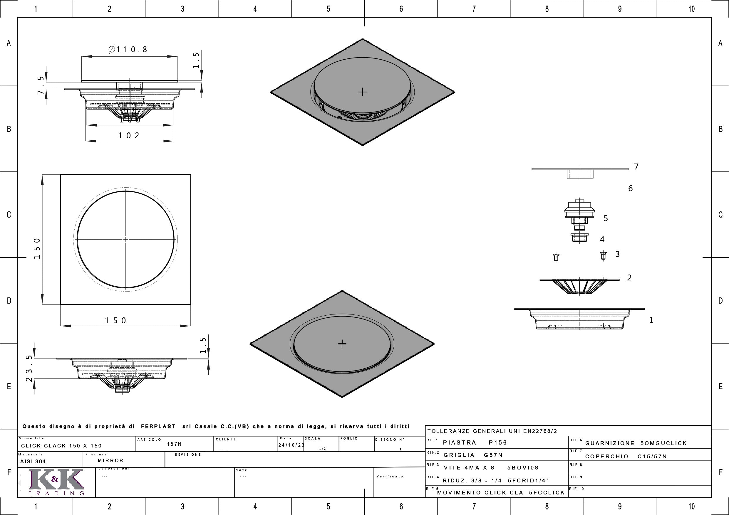K&K Click Clack Floor Drain 15*15cm - Italian Made